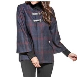 GUESS Wool Blend Plaid Jacket - Navy and Burgundy Leather Accents Clousure